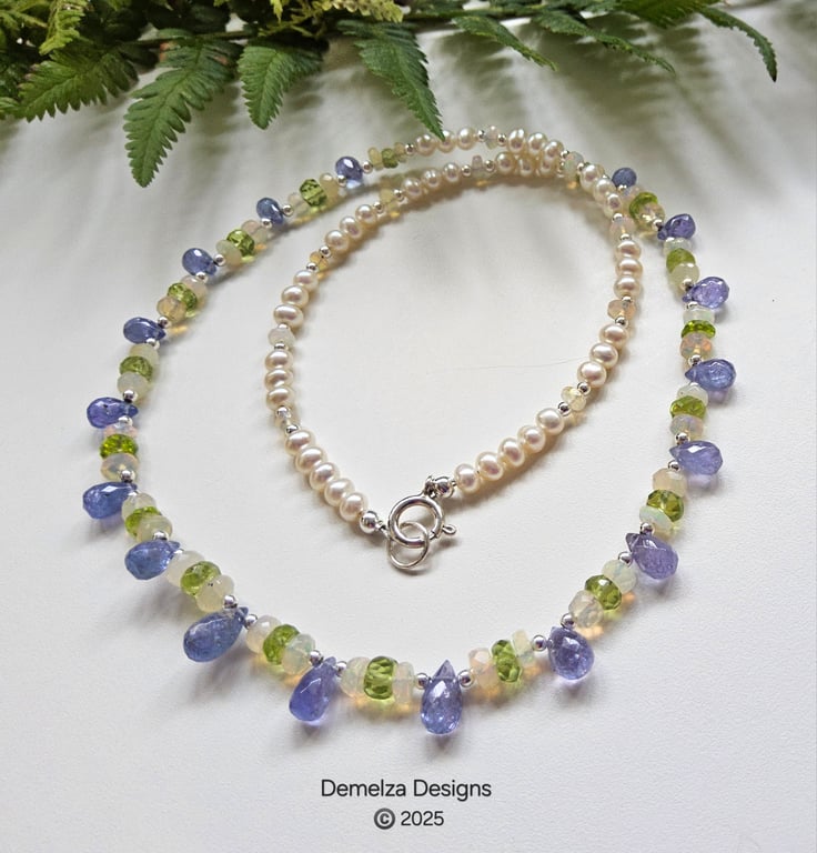 Designer Tanzanite & Peridot, Wello Opal & Pearl Sterling Silver Necklace 
