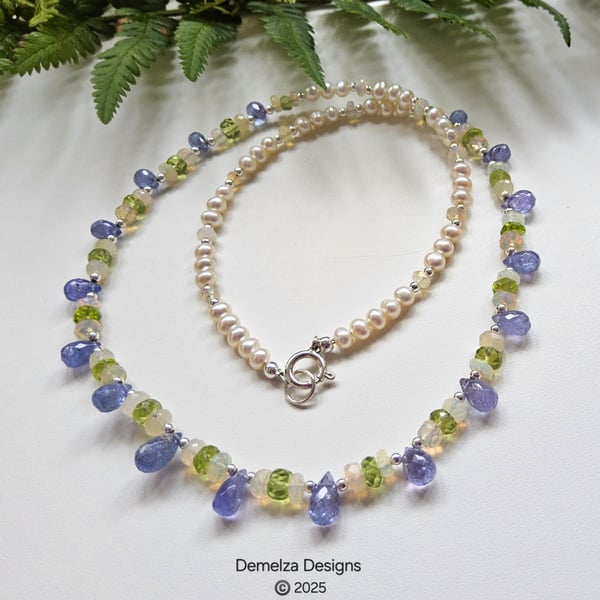 Designer Tanzanite & Peridot, Wello Opal & Pearl Sterling Silver Necklace 