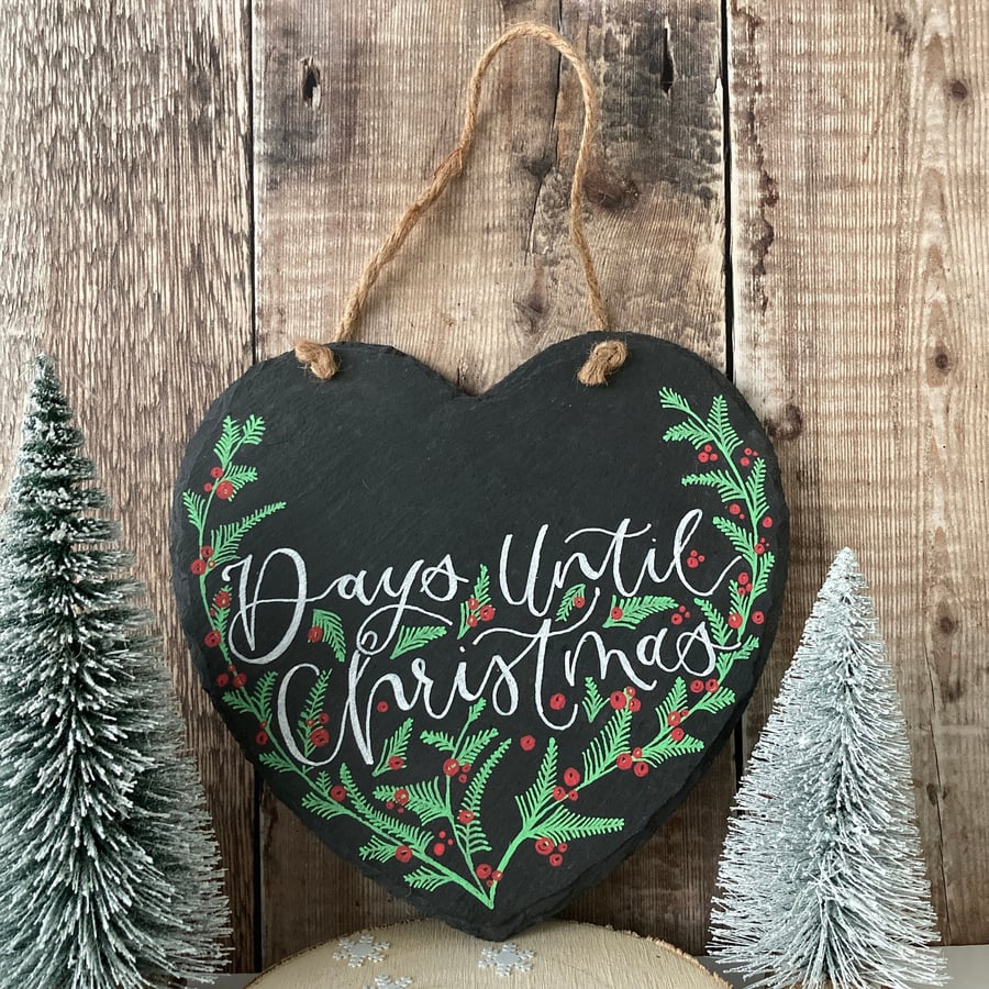 Personalised Slate Christmas Countdown Sign: Heart Decoration, Days Until Christ