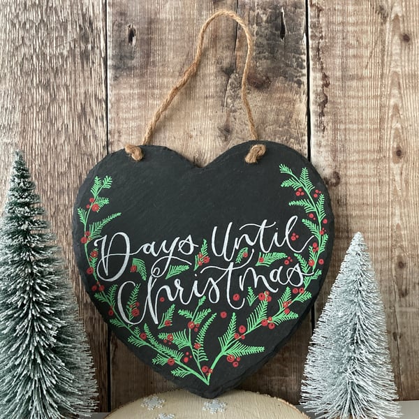 Personalised Slate Christmas Countdown Sign: Heart Decoration, Days Until Christ