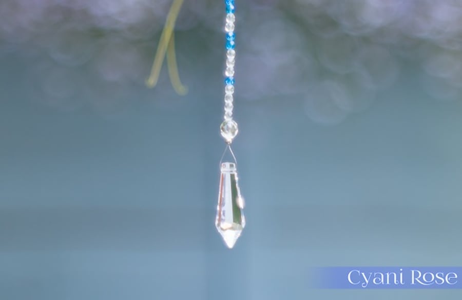 Suncatcher hanging decoration with crystal shimmer beads, blue beads & prism 