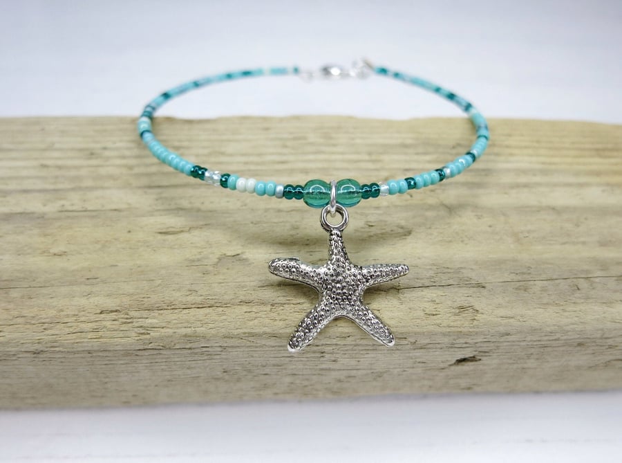 Glass Seed Bead Bracelet with Metal Starfish Charm - Turquoise 