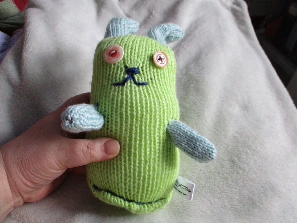 Lime Green, Blue Features Midi Bunny with Peach Caramel Eyes Knitted By KM