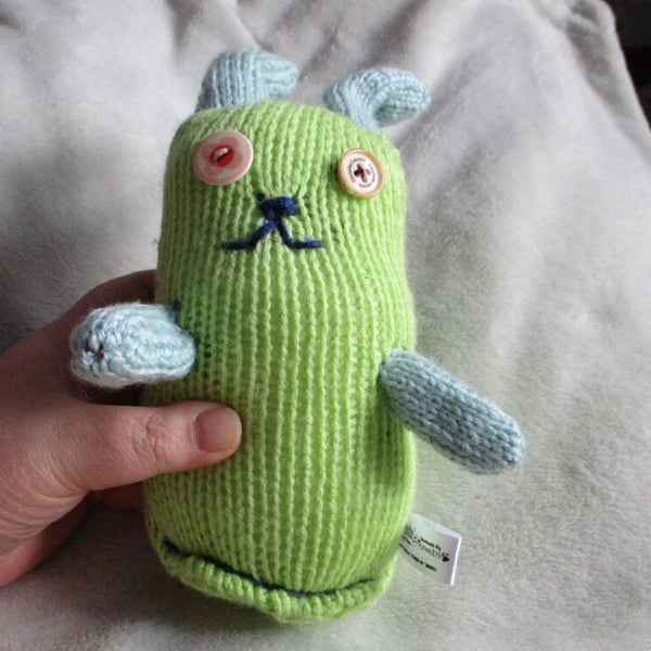 Lime Green, Blue Features Midi Bunny with Peach Caramel Eyes Knitted By KM
