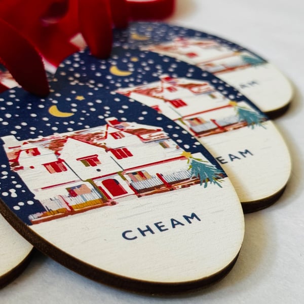 Cheam Christmas card and matching hanging wooden ornament GIFT SET (QM3499)