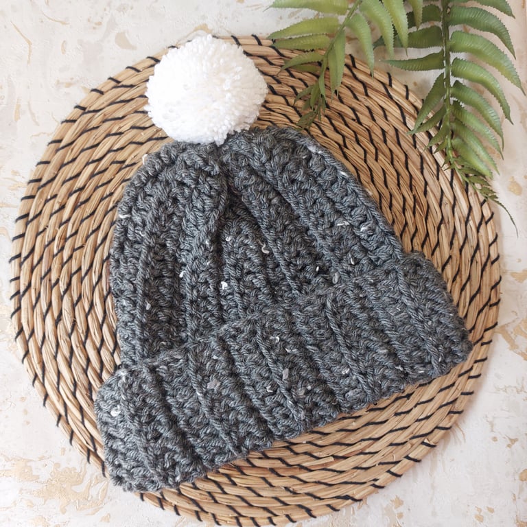 Crochet Hat Beanie Grey & White PomPom Large Size