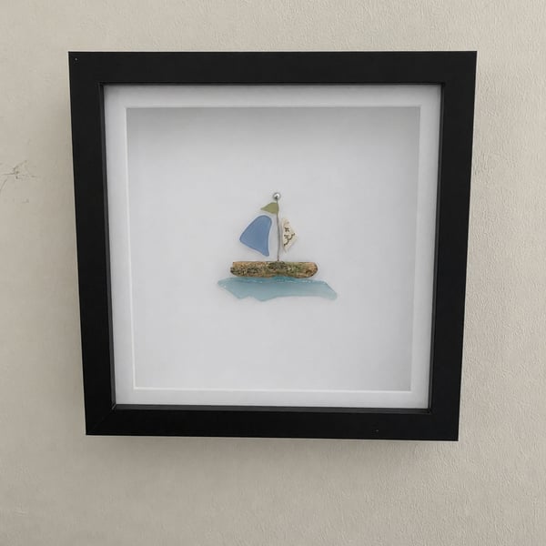Handmade Sea Glass Sailing Boat Wall Art - Coastal Decor - Nautical Gift