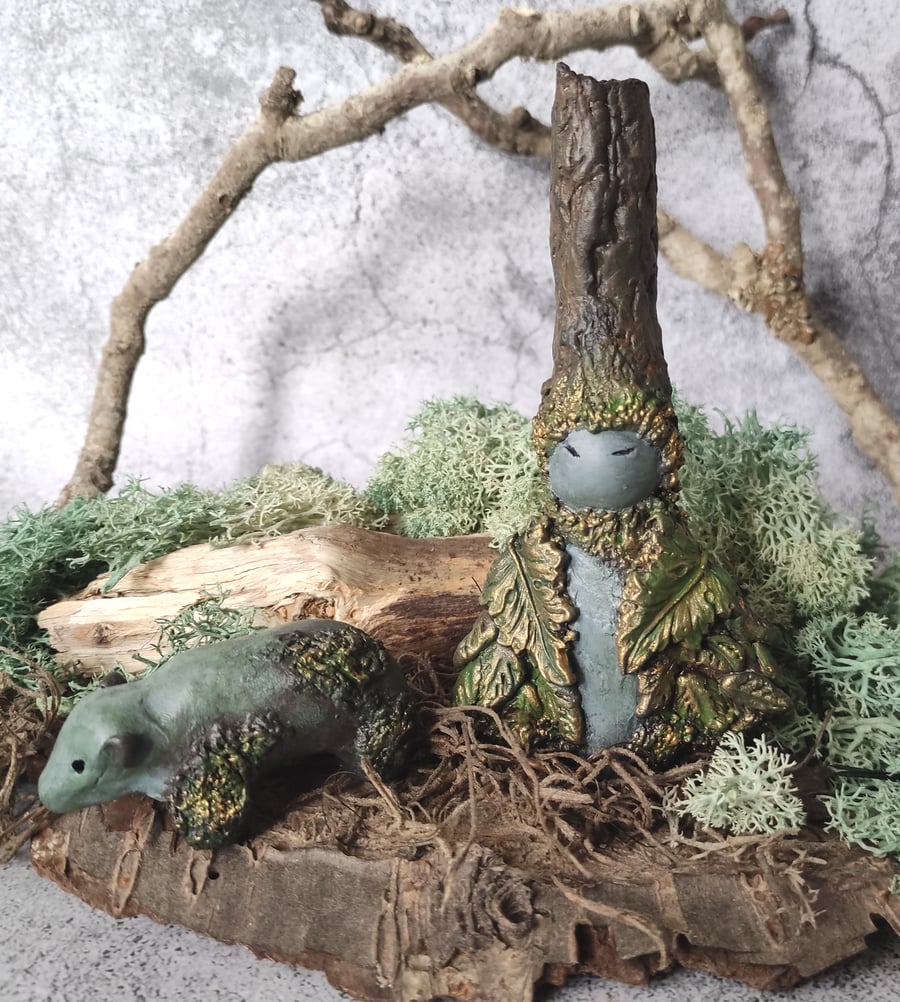 Dryad and Bear Statues, Forest Guardians, Ancient Woodland Spirits