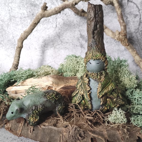 Dryad and Bear Statues, Forest Guardians, Ancient Woodland Spirits