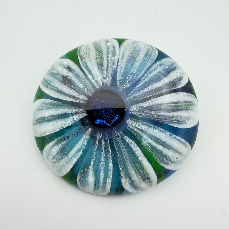 Blue Fused Glass Flower Brooch
