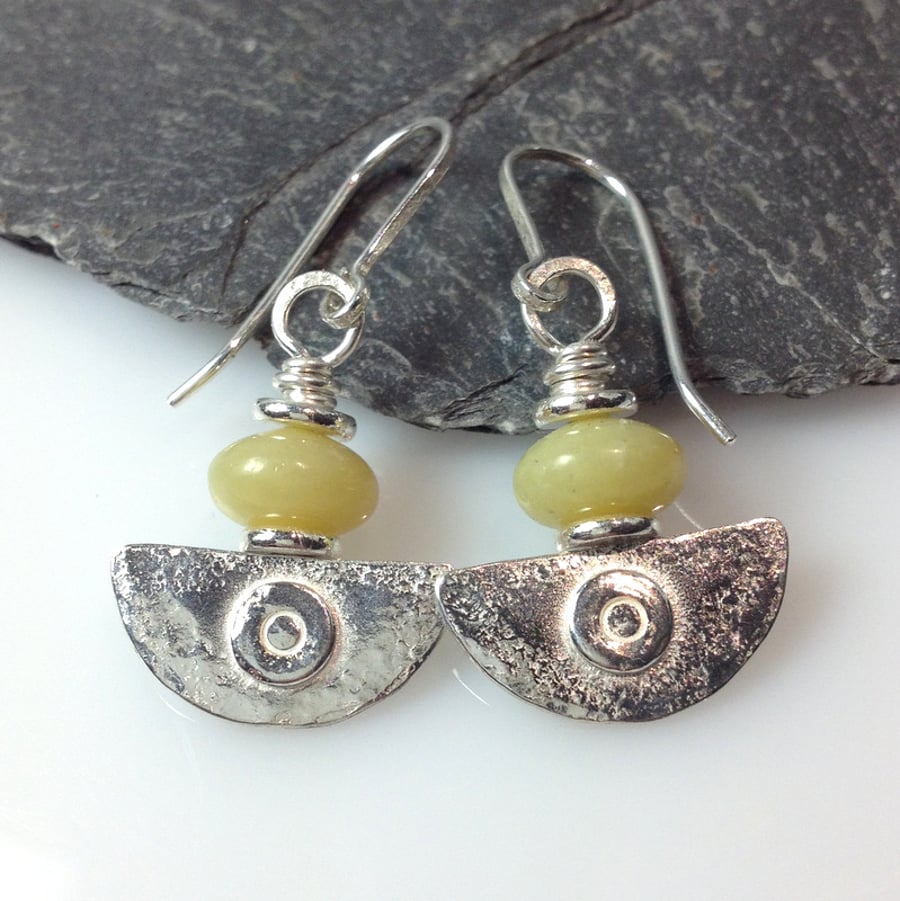 Ulu Earrings , handmade silver and Butter Jade drop earrings