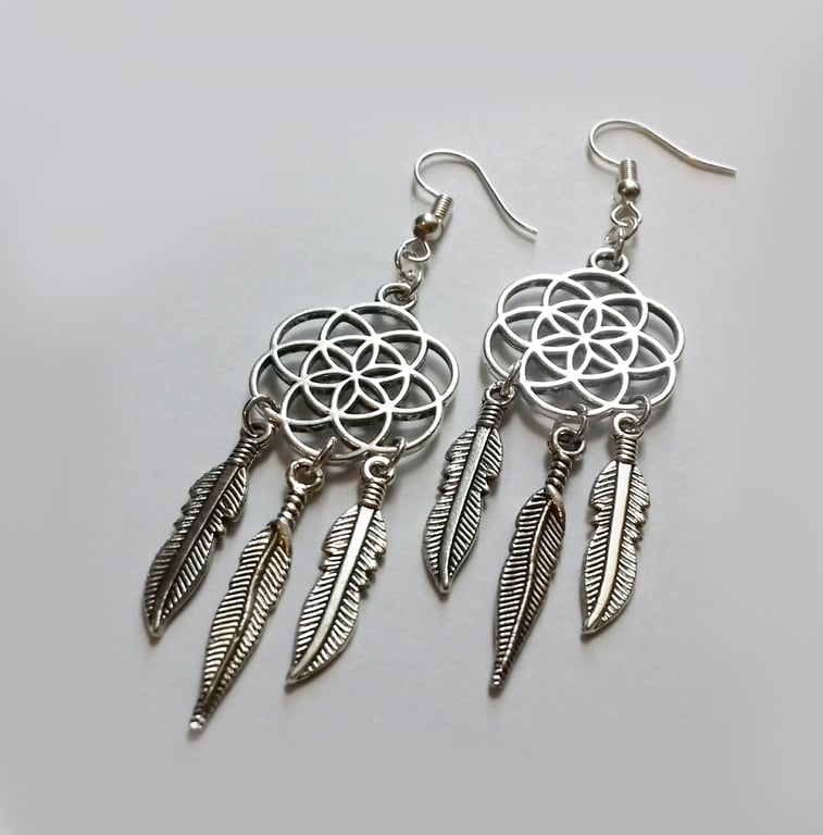 Silver Plate Flower of Life Dreamcatcher Dream Catcher Dangle Drop Earrings