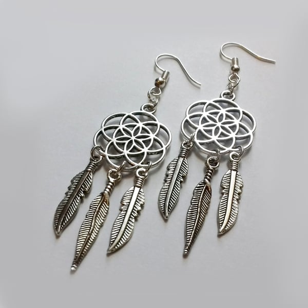 Silver Plate Flower of Life Dreamcatcher Dream Catcher Dangle Drop Earrings
