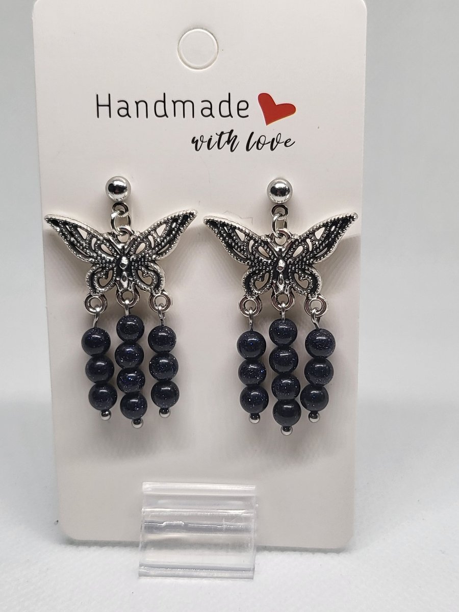 Stormy Blue Sandstone Butterfly Earrings Stainless Steel Studs Handmade