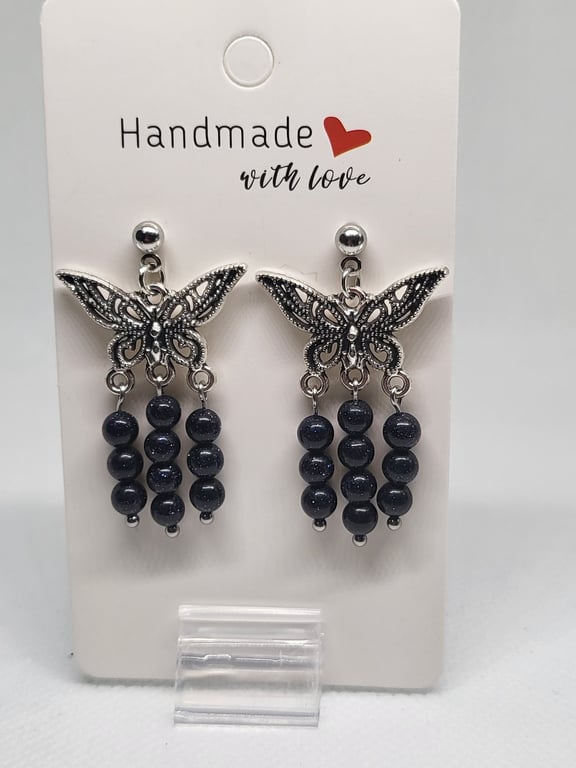 Stormy Blue Sandstone Butterfly Earrings Stainless Steel Studs Handmade