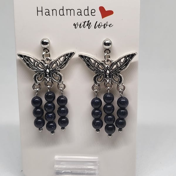 Stormy Blue Sandstone Butterfly Earrings Stainless Steel Studs Handmade