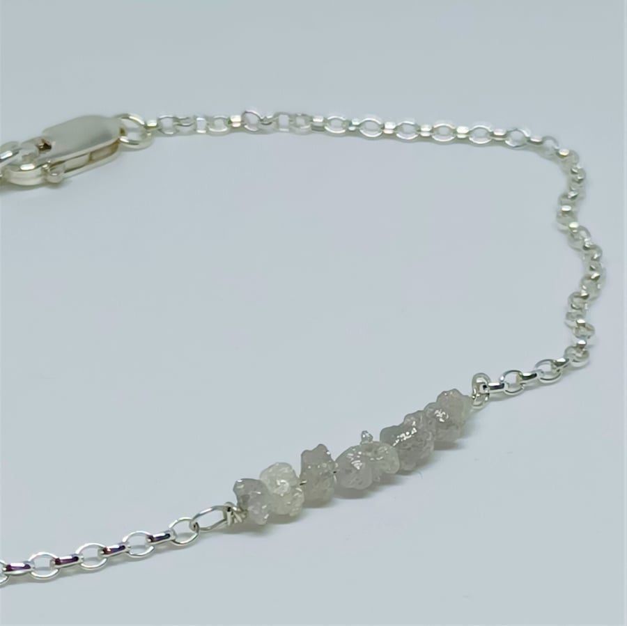 Silver Grey Rough Diamond Chip Bar Necklace on Sterling Silver Chain, Diamond Je