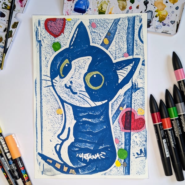 Graffiti Cat Mixed Media Cyanotype A4 - Wall Art