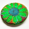 58mm Fabric Badge with Free Machine Embroidery Green and Blue Flower 