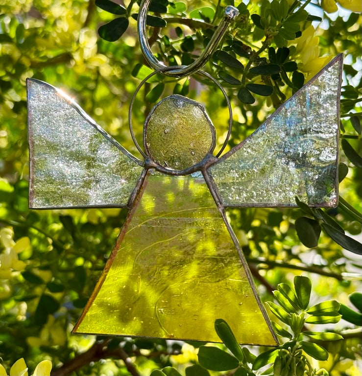 Stained Glass Triangle Angel - Iridescent yellow with clear wings