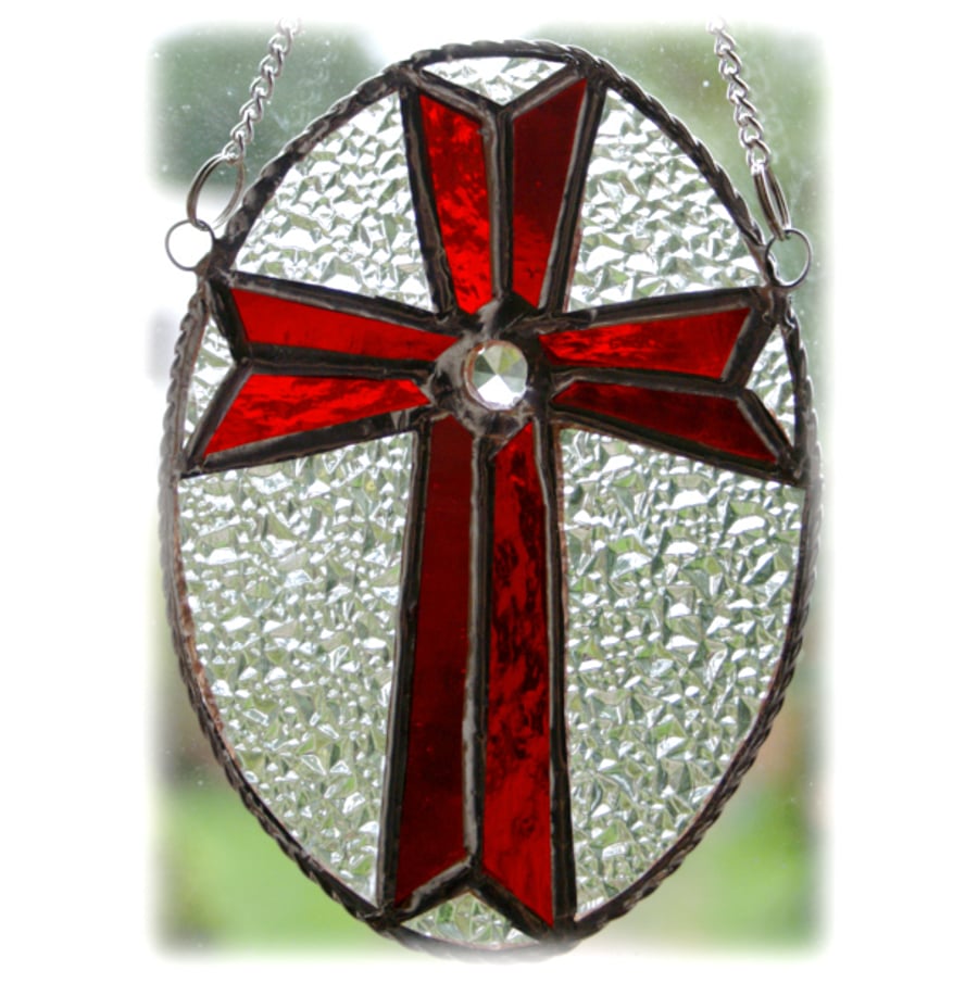 SOLD Cross Oval Suncatcher Stained Glass Handmade Red