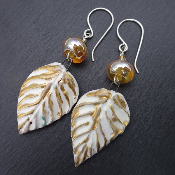 lampwork glass gold earrings, white ceramic leaf jewellery