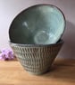 Textured conical stoneware pottery bowl in blue with incised pattern  - Image 2