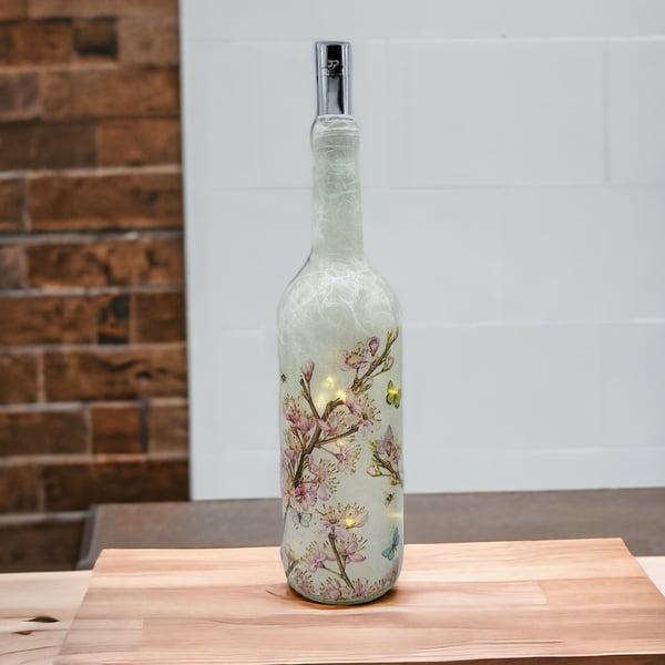 Nature-Inspired Decoupage Bottle Lamp with Cherry Blossom and Butterflies