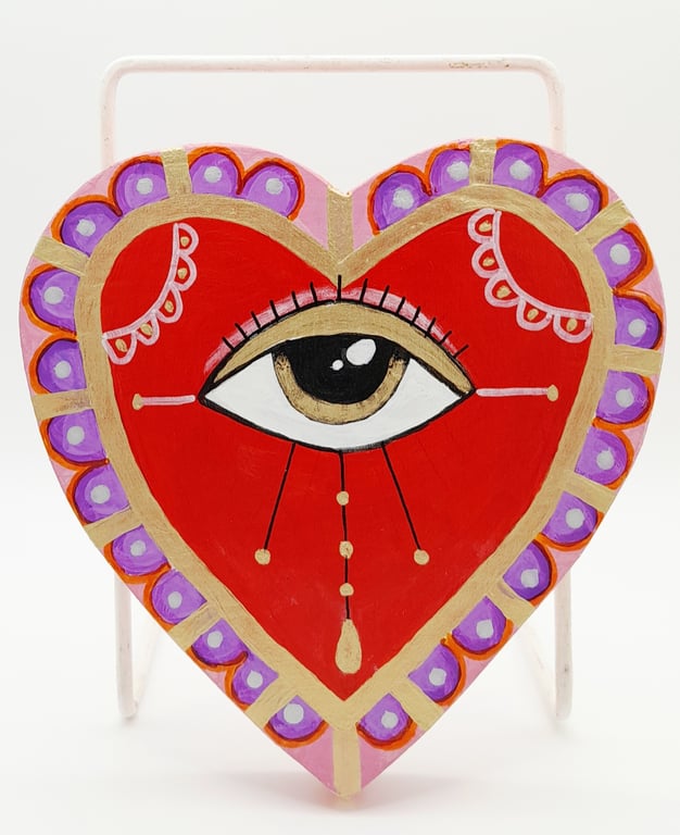 Sacred Heart Wall Art, Hand Painted All Seeing Eye on Wood, Protection Charm