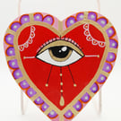 Sacred Heart Wall Art, Hand Painted All Seeing Eye on Wood, Protection Charm