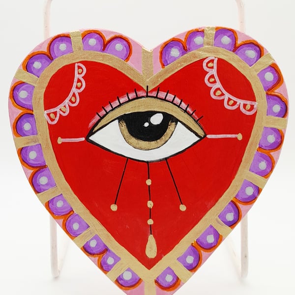 Sacred Heart Wall Art, Hand Painted All Seeing Eye on Wood, Protection Charm