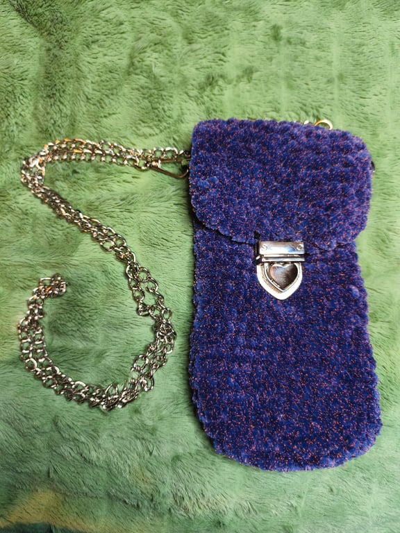 Mini Cross-Body Bag: Navy Orange Tweed with Silver Chain