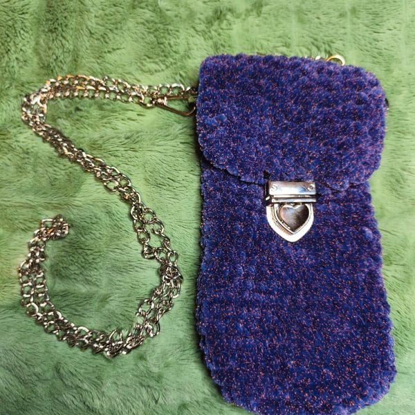 Mini Cross-Body Bag: Navy Orange Tweed with Silver Chain