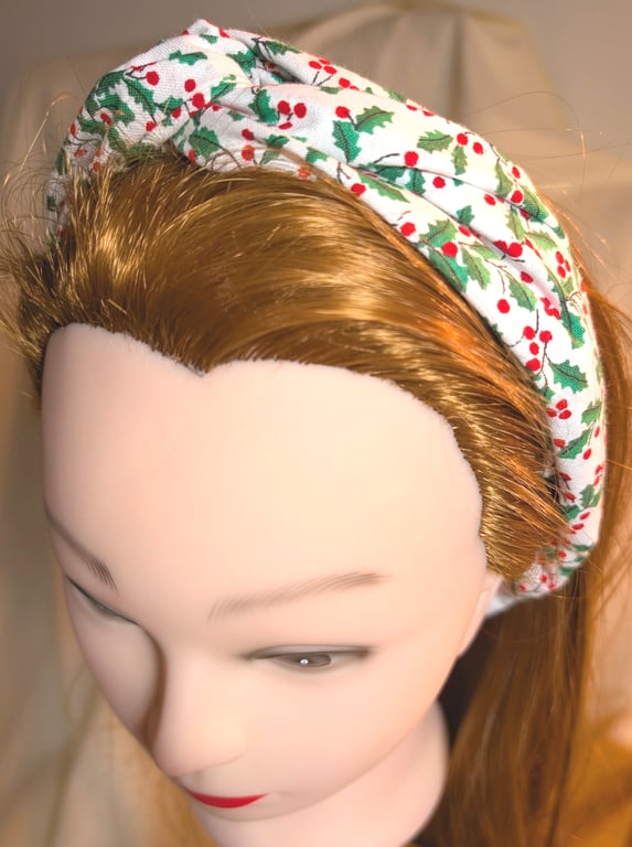 Ditsy Holly & Berries, Christmas Cotton twist knot elasticated hairband