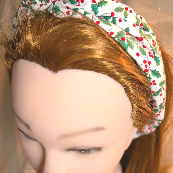 Ditsy Holly & Berries, Christmas Cotton twist knot elasticated hairband
