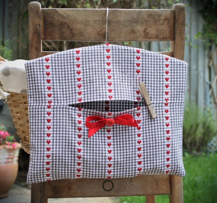 Grey, Red & White French Gingham Clothes Peg Bag