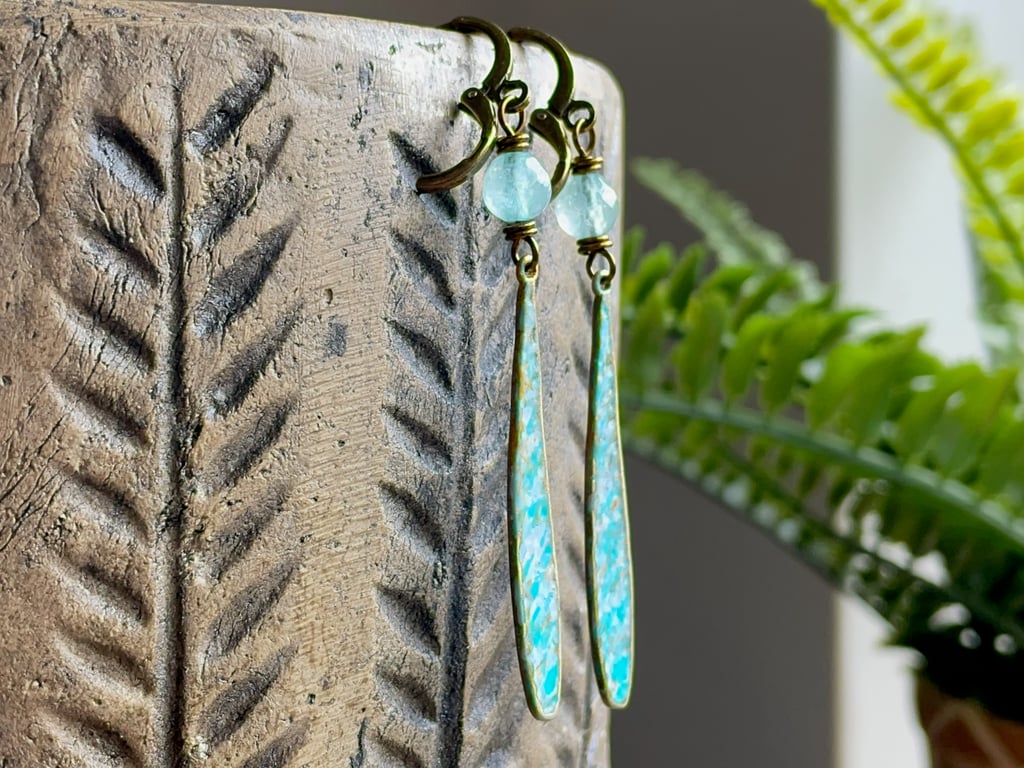 Hand Painted Turquoise & Lavender Patina Earrings. Long Bohemian Style Earrings