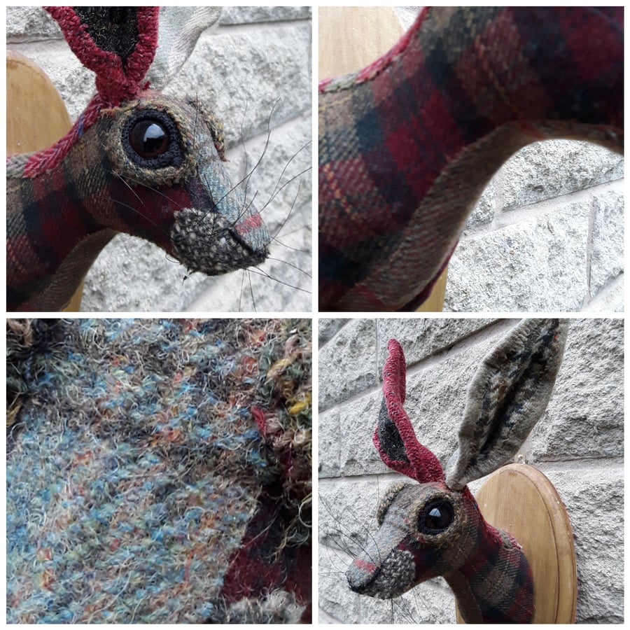 Hare head tweed  and tartan faux taxidermy