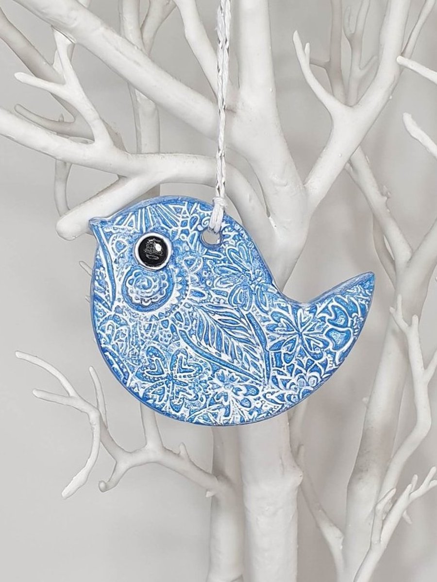 Clay blue and white bird decoration, hanging home decor, clay gift