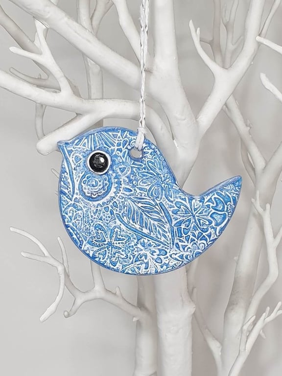 Clay blue and white bird decoration, hanging home decor, clay gift