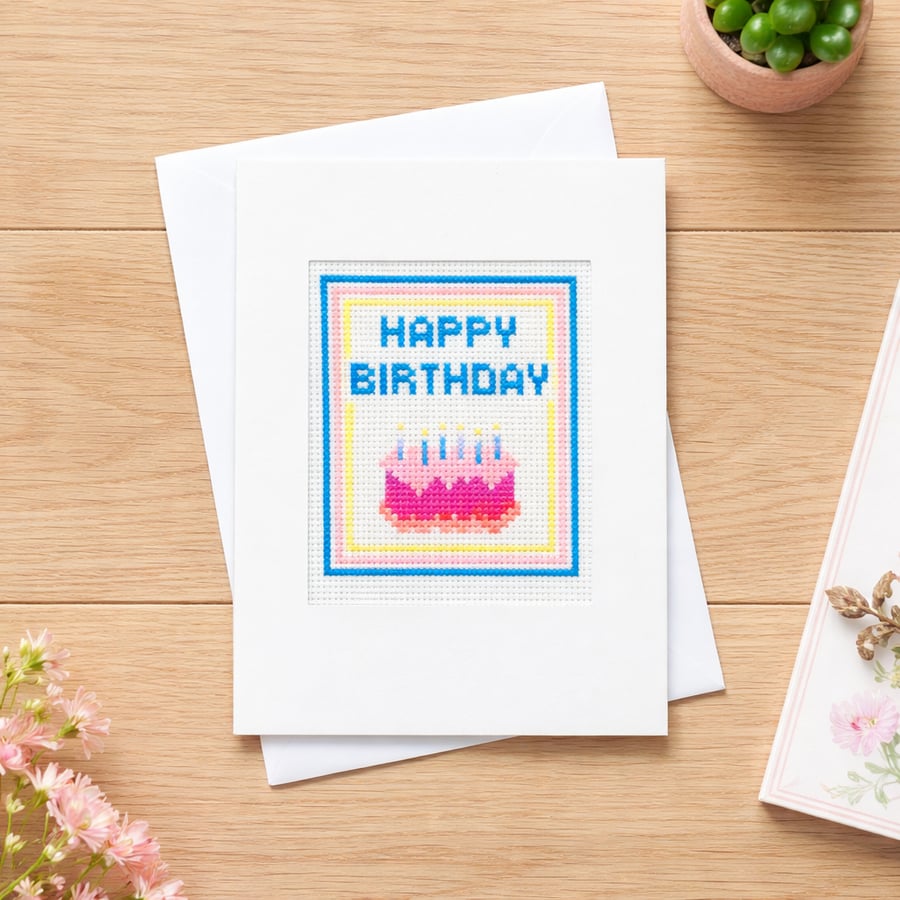 Colorful Embroidered Happy Birthday Card, Unique Textile Greeting Card