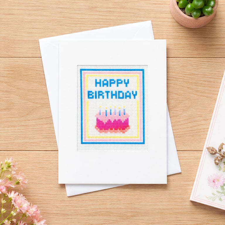Colorful Embroidered Happy Birthday Card, Unique Textile Greeting Card