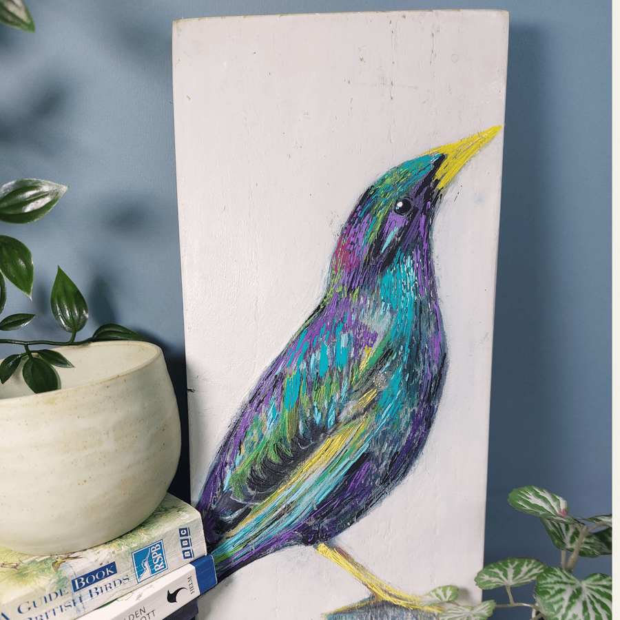 Original bird painting on wood Starling bird art