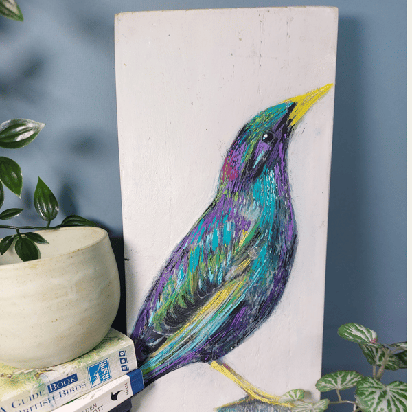 Original bird painting on wood Starling bird art - Folksy
