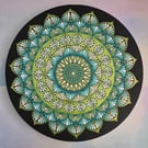 Green Flower Mandala Original Hand Painted on Wood Panel