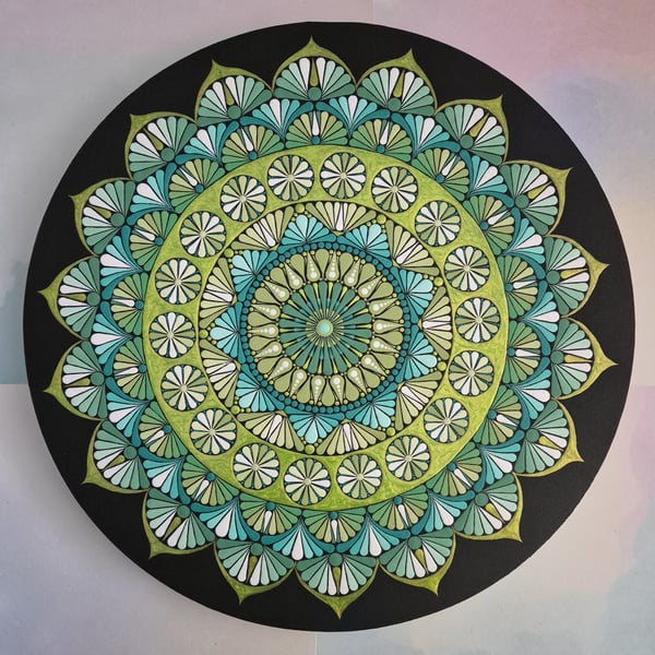 Green Flower Mandala Original Hand Painted on Wood Panel