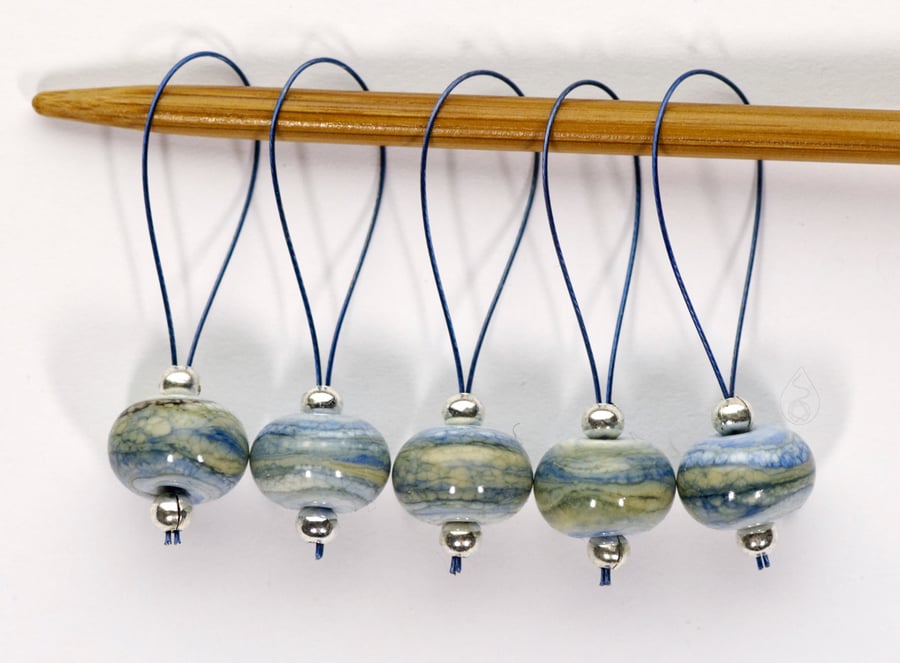 Lampwork Stitch Markers - Blue Sediment