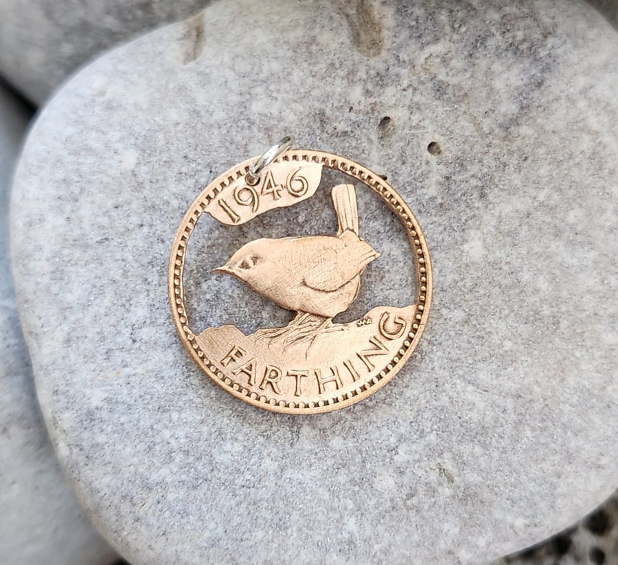 Upcycled bronze wren farthing pendant with sterling silver chain