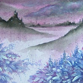 original art fantasy watercolour landscape painting( ref F 585)