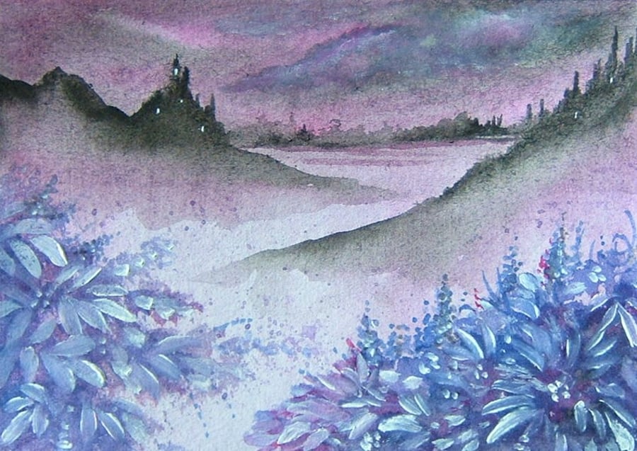 original art fantasy watercolour landscape painting( ref F 585)